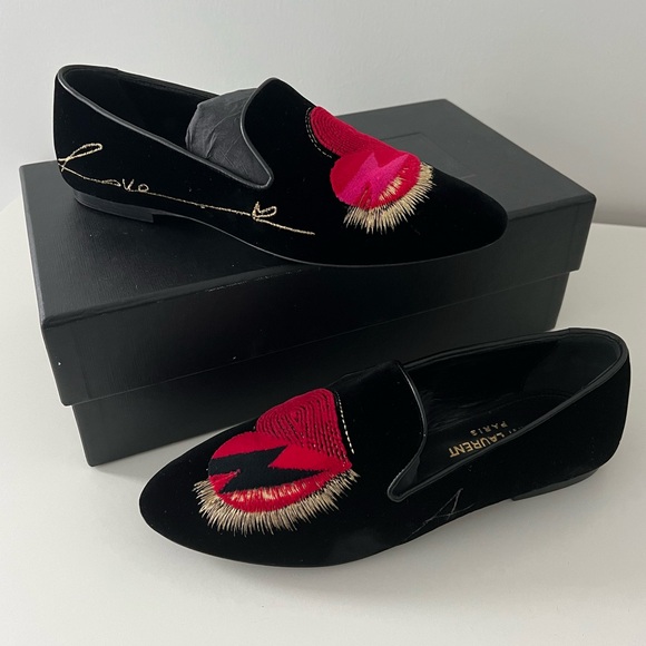 SAINT LAURENT Velvet Embroidered Love Flat Shoes Loafers Slippers - Picture 1 of 6